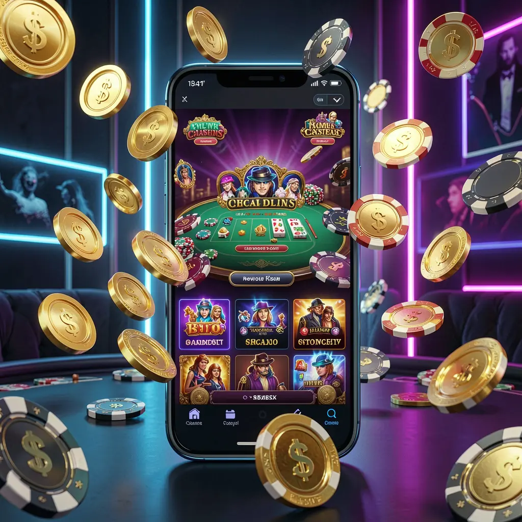 Modern smartphone displaying 66Q online casino mobile app interface with glowing casino elements, golden coins and poker chips flying around against a dark luxury background with neon accents