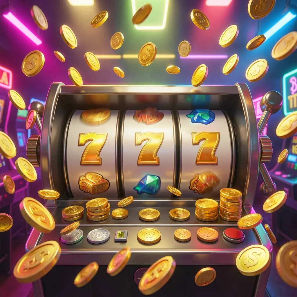 66Q free spins casino image showing slot machine reels spinning with golden coins flying everywhere and colorful neon lights creating an exciting jackpot mood in a premium 3D illustration