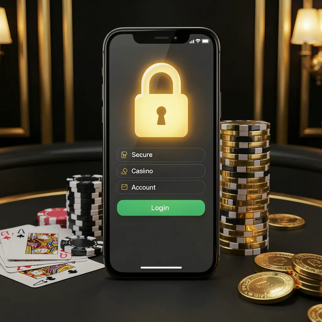 66Q secure casino account login concept featuring a glowing lock icon on a smartphone screen surrounded by poker chips, playing cards, and golden coins against an elegant black and gold background in a realistic 3D render