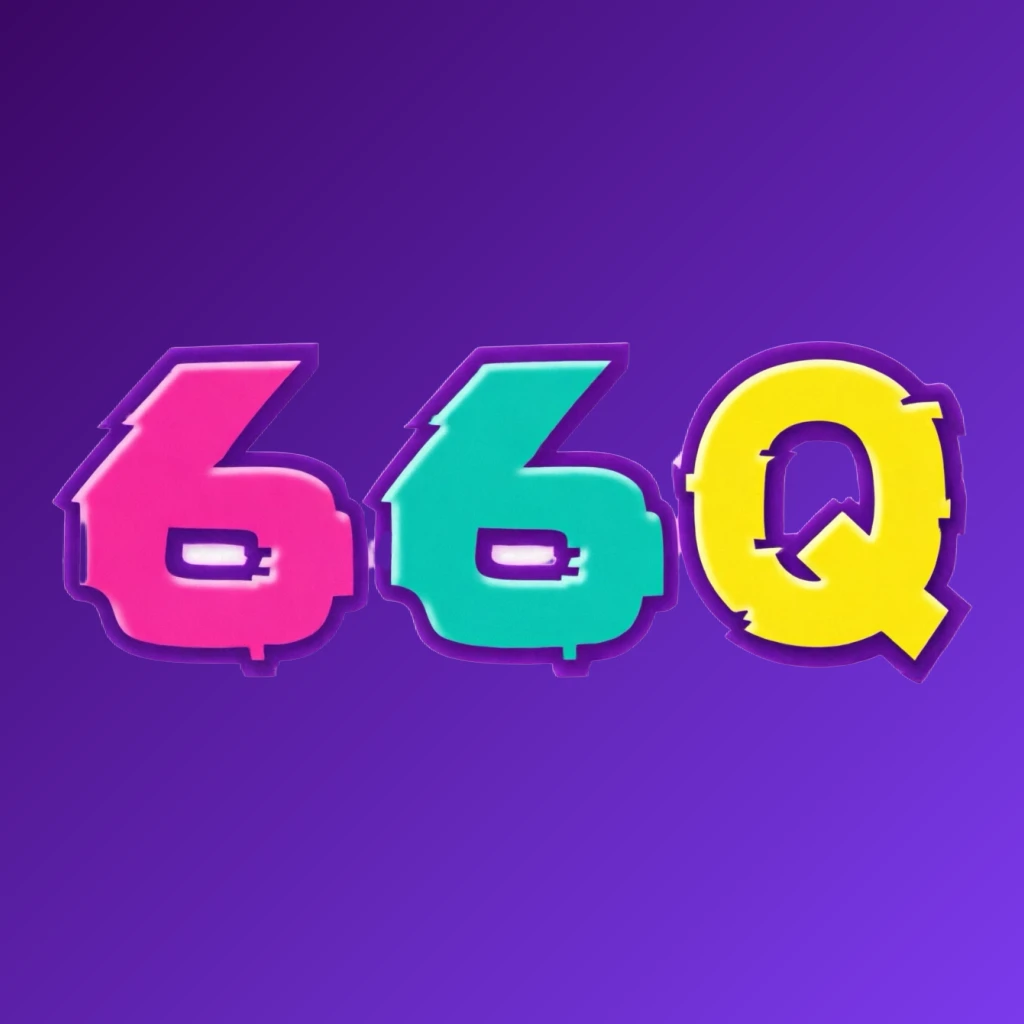 Bold arcade-style 66Q logo with chunky retro typography in bright pink, turquoise, yellow, and purple colors, creating a vibrant gaming atmosphere on a transparent background
