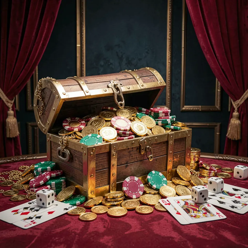 66Q online casino welcome banner featuring a treasure chest filled with golden coins and casino chips, playing cards and dice nearby against a dark luxury background in a festive premium atmosphere